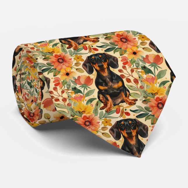 Dachshund With Flowers Gouache Neck Tie (Rolled)
