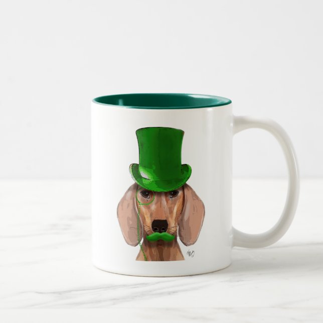 Dachshund With Green Top Hat and Moustache Two-Tone Coffee Mug (Right)