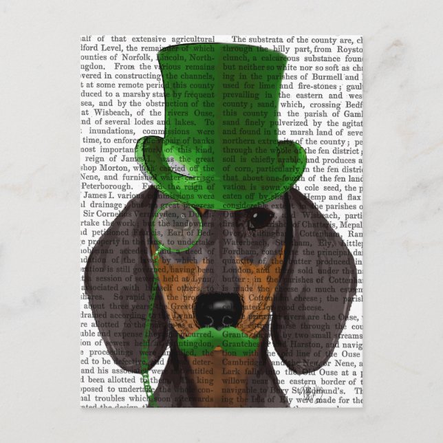 Dachshund with Green Top Hat Black Tan 2 Postcard (Front)