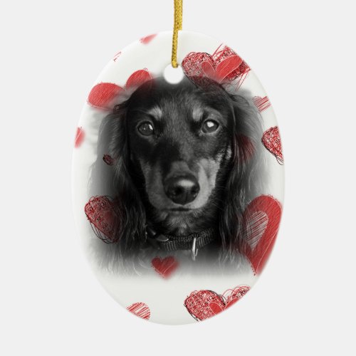 Dachshund with Red Hearts Ceramic Ornament