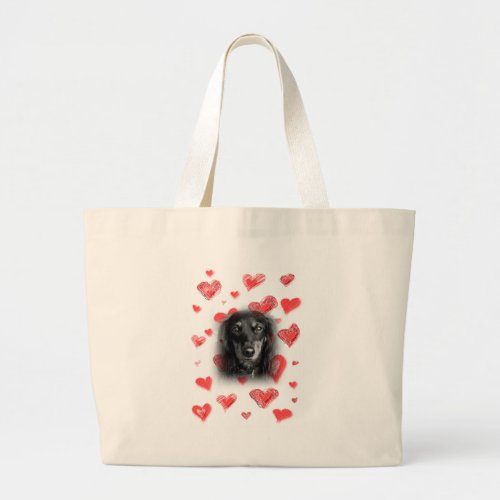 Dachshund with Red Hearts Large Tote Bag