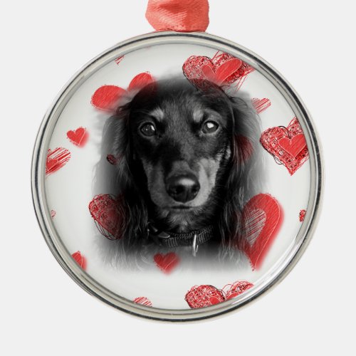 Dachshund with Red Hearts Metal Ornament