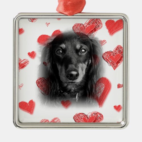 Dachshund with Red Hearts Metal Ornament