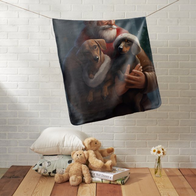 Dachshund With Santa Claus Festive Christmas Baby Blanket (In Situ)