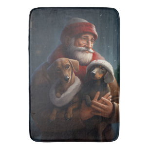 Dachshund With Santa Claus Festive Christmas Bath Mat