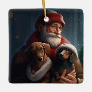 Dachshund With Santa Claus Festive Christmas Ceramic Ornament