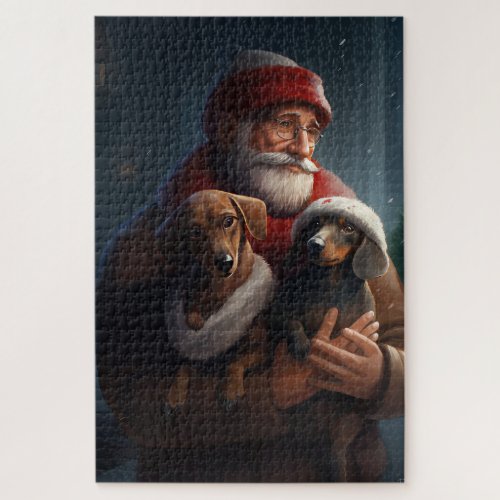 Dachshund With Santa Claus Festive Christmas Jigsaw Puzzle