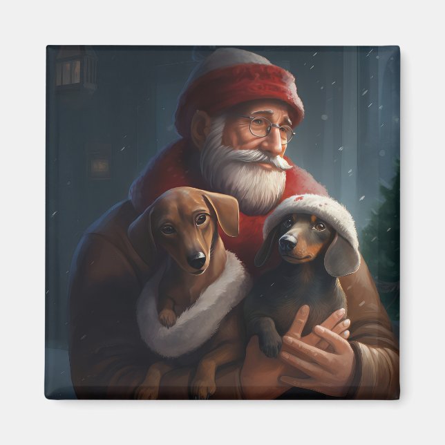 Dachshund With Santa Claus Festive Christmas Magnet (Front)