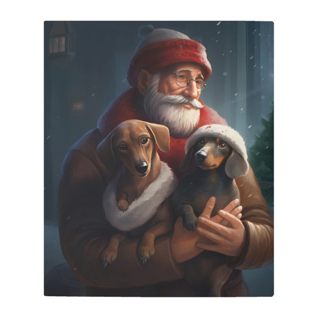Dachshund With Santa Claus Festive Christmas Metal Print (Front)