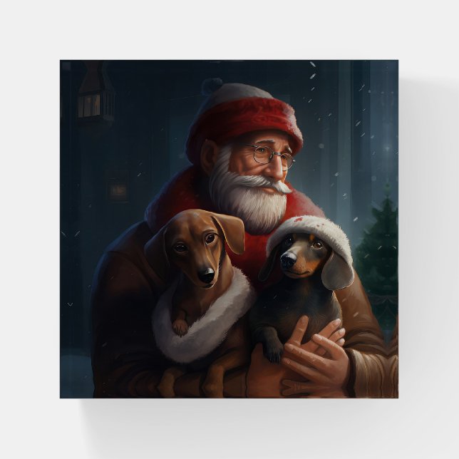 Dachshund With Santa Claus Festive Christmas Paperweight (Front)