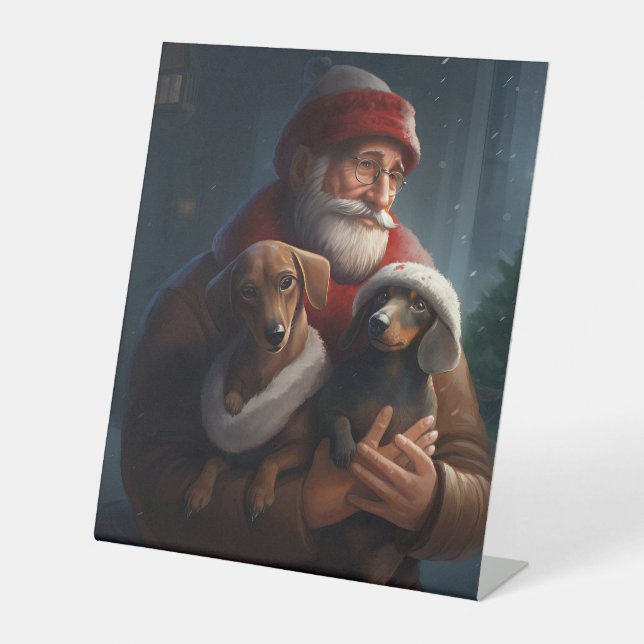 Dachshund With Santa Claus Festive Christmas Pedestal Sign (Front)