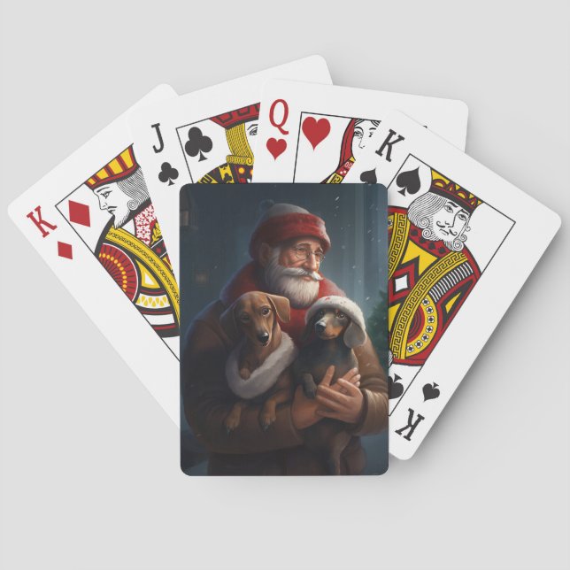 Dachshund With Santa Claus Festive Christmas Poker Cards (Back)