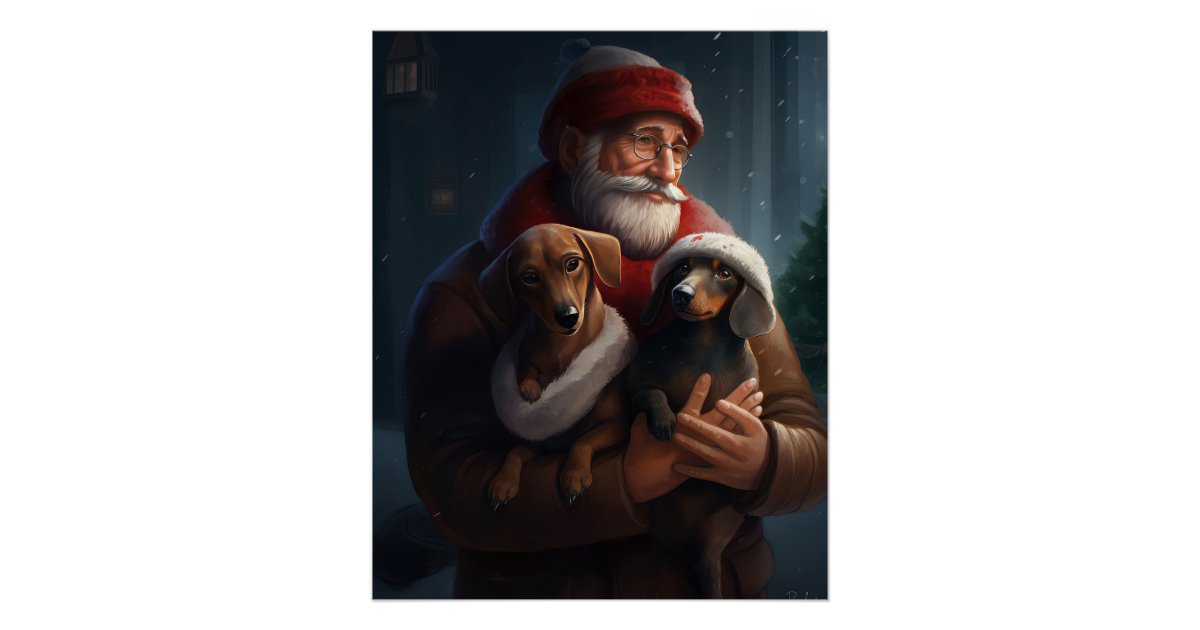 Dachshund With Santa Claus Festive Christmas Poster | Zazzle