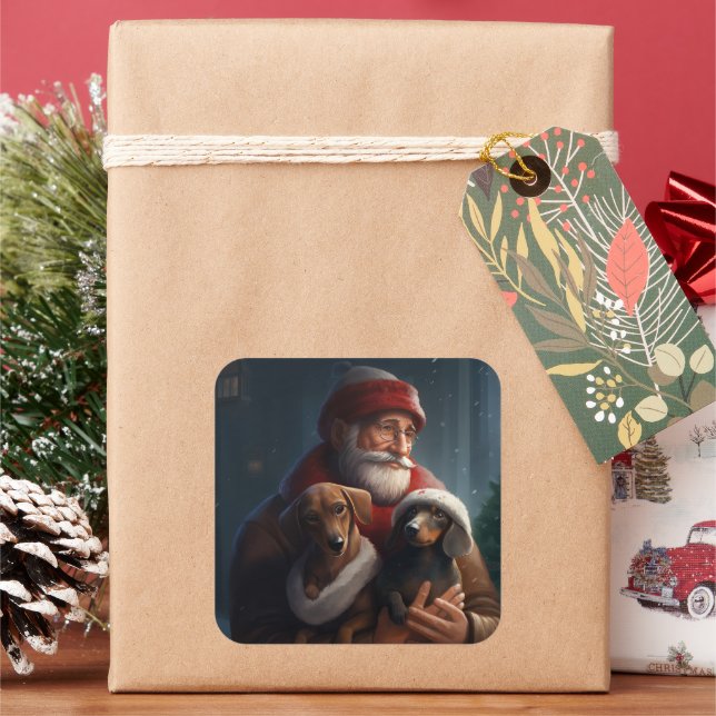 Dachshund With Santa Claus Festive Christmas Square Sticker (Holiday)