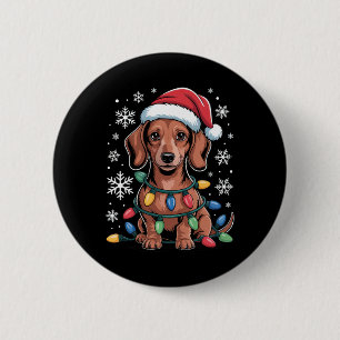 Dachshund With Santa Hat Wrapped In Christmas Ligh Button