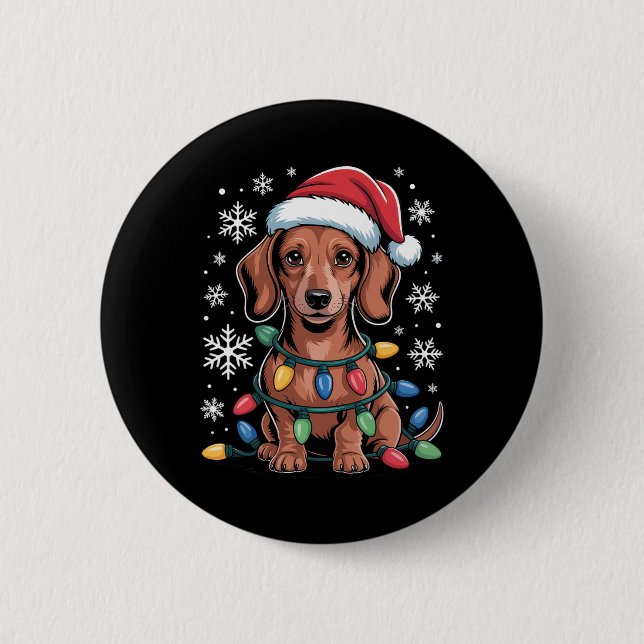 Dachshund With Santa Hat Wrapped In Christmas Ligh Button (Front)