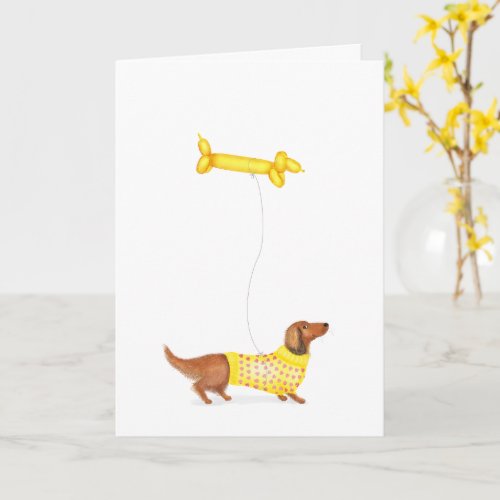 Dachshund with sausage dog balloon birthday card