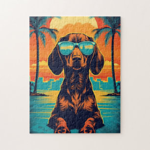 Dachshund with sunglasses at a tropical beach jigsaw puzzle