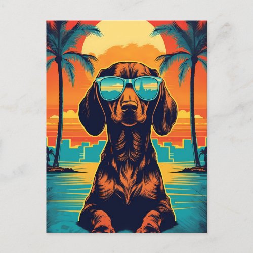 Dachshund with sunglasses at a tropical beach postcard