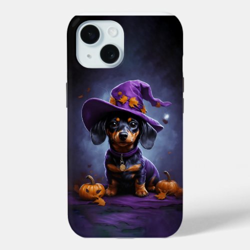 Dachshund wizard puppy with Halloween pumpkin iPhone 15 Case