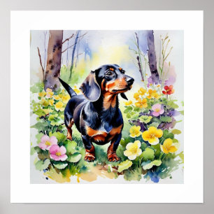 Dachshund Woodland Flowers Cute Sausage Dog Poster