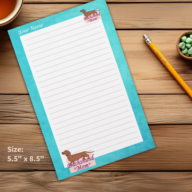 Dachshund Your Name Mom Teal Edge Lined Stationery (Dachshund Your Name Mom Teal Edge Lined Stationery which can be Personalized)