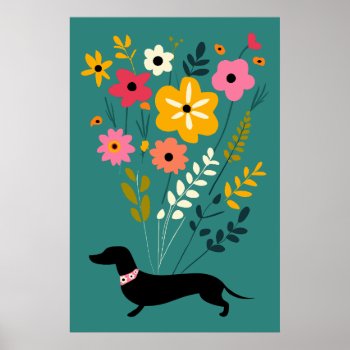Dachshunds And Flowers Vintage Retro Floral Poster by Dachshund_Cool_Stuff at Zazzle