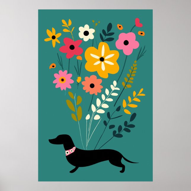 Dachshunds and Flowers Vintage Retro Floral Poster (Front)