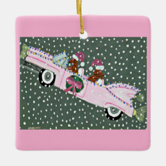 Dachshunds at Christmas in a pink convertible Ceramic Ornament