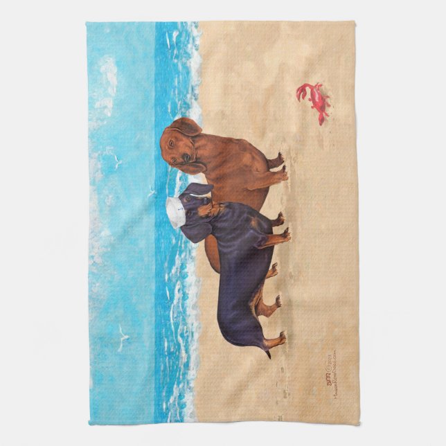 Dachshunds at the Beach Kitchen Towel (Vertical)