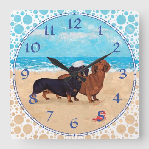 Dachshunds at the Beach Square Wall Clock