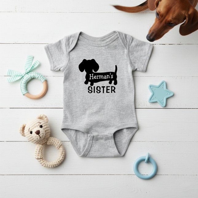 Dachshund's Baby Sister Personalized with Name  Bodysuit (Add little sister's dog's name - personalized dachshund baby outfit for baby showers)