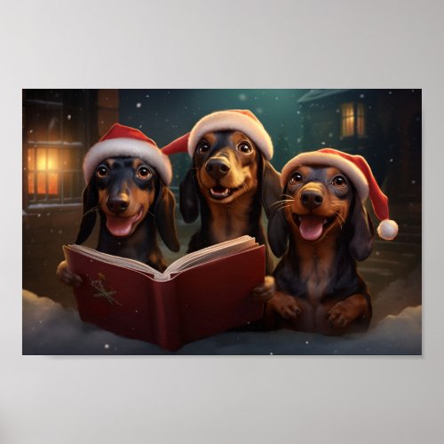 Dachshunds Christmas Caroling Festive Holiday Poster