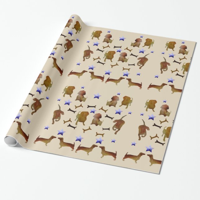 Dachshunds & Dog Bones Watercolor Wrapping Paper (Unrolled)