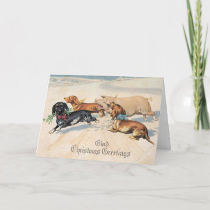 Dachshunds Dogs Chase With Pig Christmas Vintage Holiday Card