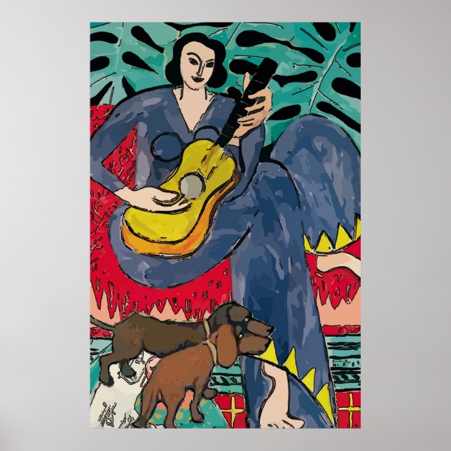 Dachshunds, Guitar and Matisse style lady, Poster (Front)