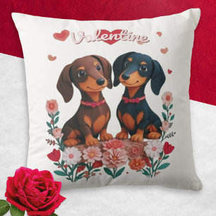 Dachshunds Hearts Flowers Dogs Valentine's Day Throw Pillow