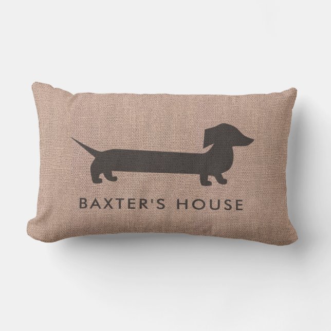 Dachshund's Home Sweet Home Retro Faux Burlap Lumbar Pillow (Front)