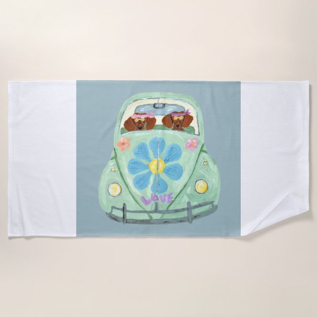  Dachshunds in a Hippie Car Beach Towel (Front)