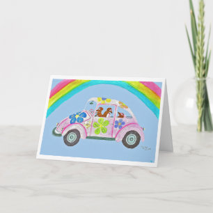 Dachshunds in a Hippie Car under a Rainbow Card