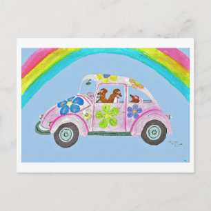 Dachshunds in a Hippie Car under a Rainbow Invitation Postcard