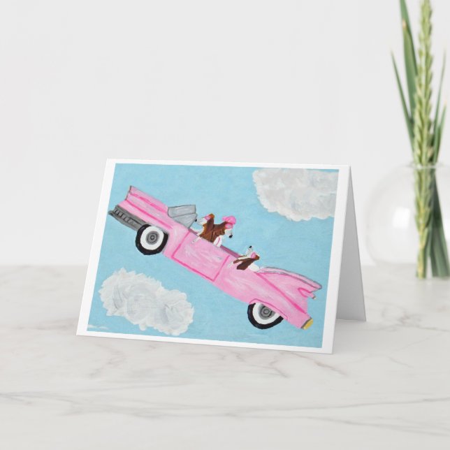 Dachshunds in a Pink Car Folded Greeting Card (Front)
