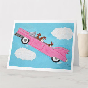 Dachshunds in a Pink Convertible in the sky Card