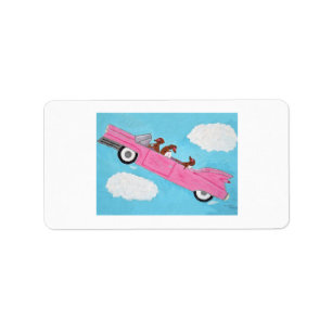 Dachshunds in a Pink Convertible in the sky Label