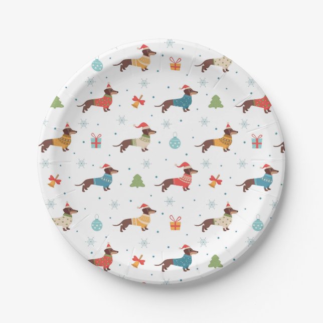 Dachshunds in Christmas Sweaters Pattern Paper Plates (Front)