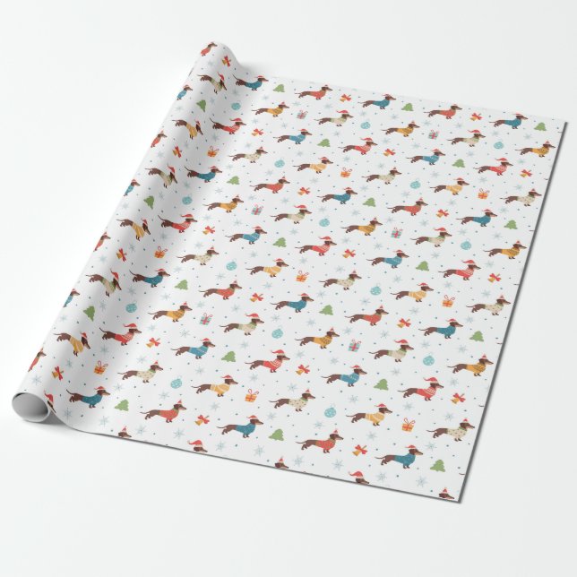 Dachshunds in Christmas Sweaters Pattern Wrapping Paper (Unrolled)