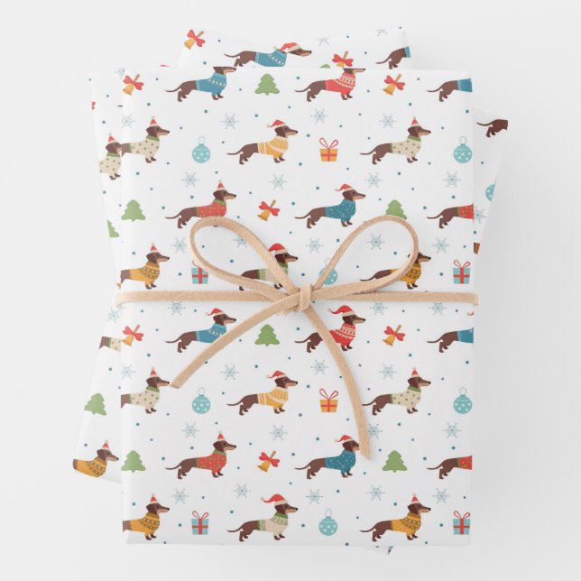 Dachshunds in Christmas Sweaters Pattern Wrapping Paper Sheets (In situ)