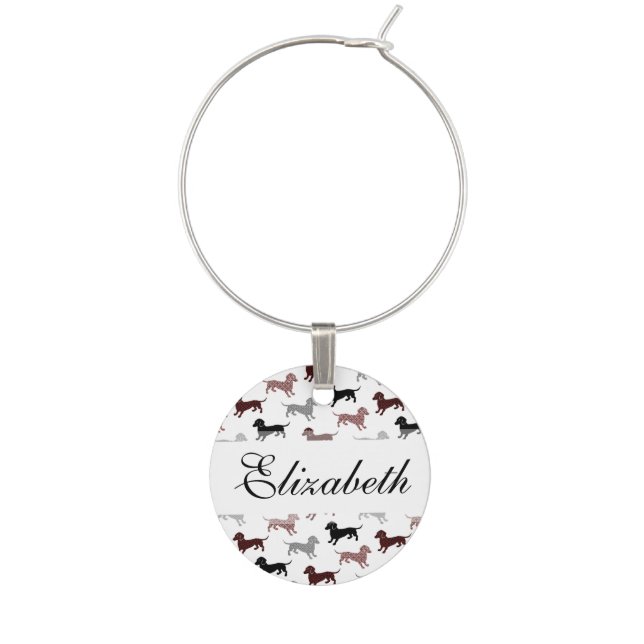 Dachshunds in Damask Cute Pattern Wine Glass Charm (Front)