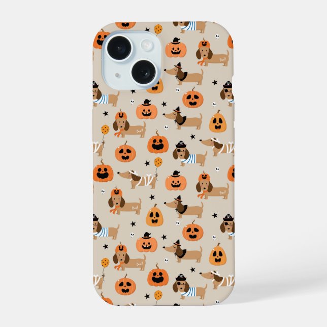 Dachshunds in Halloween Costumes Pattern iPhone 15 Case (Back)