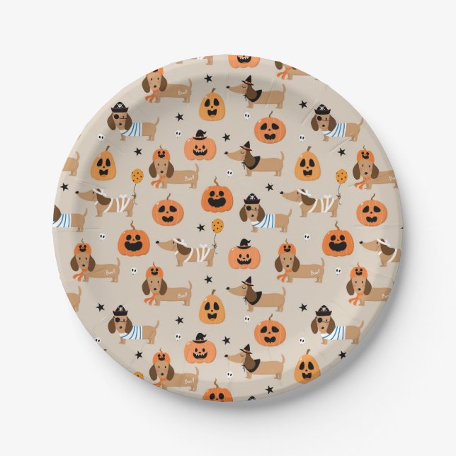 Dachshunds in Halloween Costumes Pattern Paper Plates (Front)